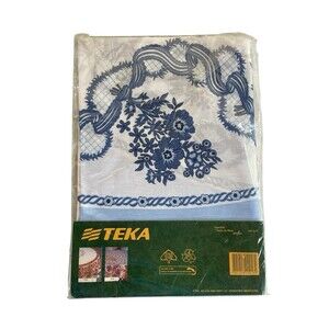 Vintage Blue Flower Tablecloth 63” Round Cottage Floral 1980s Brazil New
